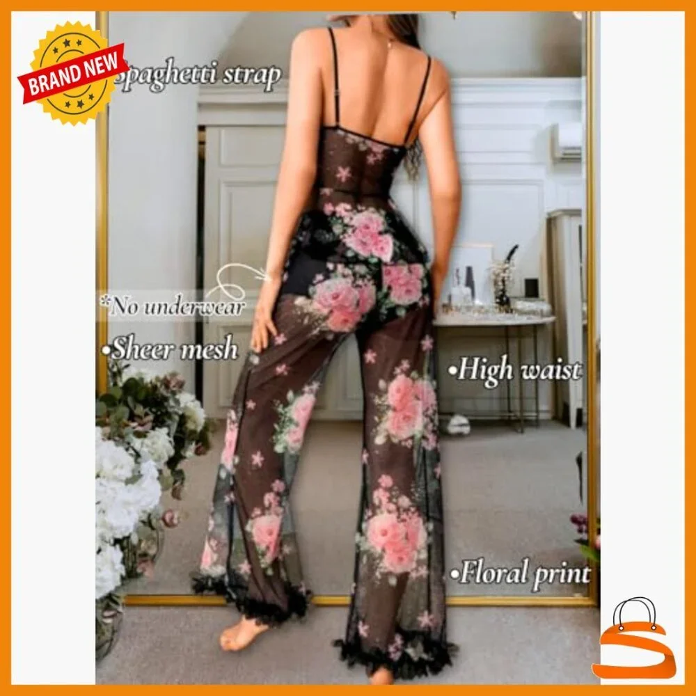 Sheer Mesh Pajama Set with Rhinestone Cami & Ruffle Pants, Romantic Floral